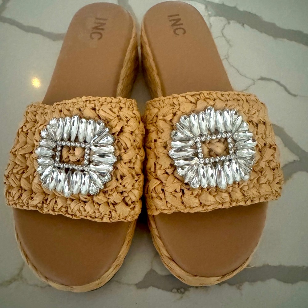INC International Concepts Women's Tan Raffia Slide Sandals with Crystal Buckle